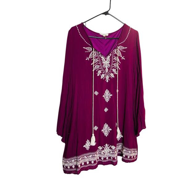 Entro Tunic Womens Fuchsia Bell Sleeve Embroidered Long Sleeve Top Tasseled M - Picture 2 of 8
